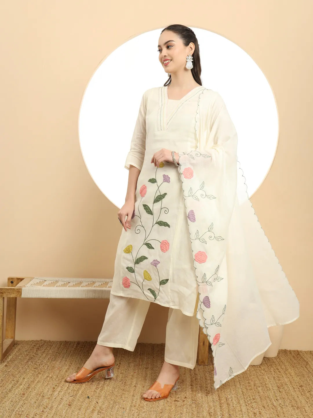 Cream Pure Cotton A-Line Thread_Work Kurta Dupatta Set-Yufta Store-6396SKDCRM