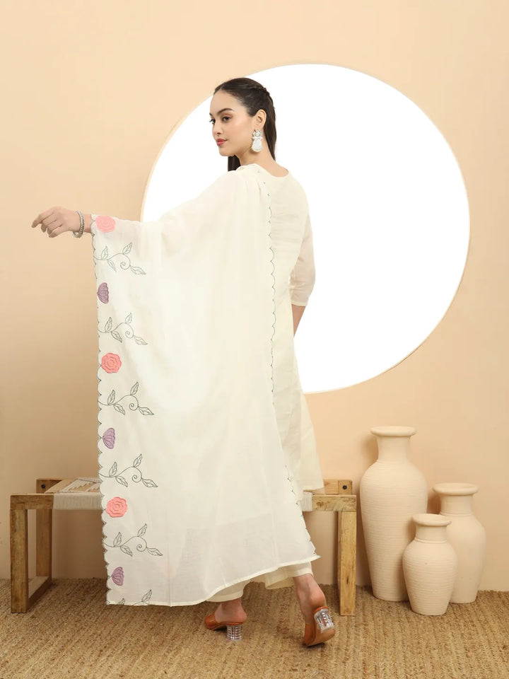 Cream Pure Cotton A-Line Thread_Work Kurta Dupatta Set-Yufta Store-6396SKDCRM