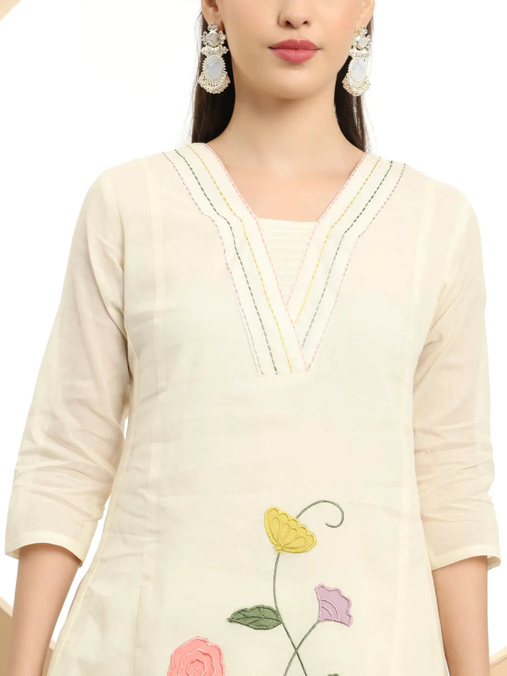 Cream Pure Cotton A-Line Thread_Work Kurta Dupatta Set-Yufta Store-6396SKDCRM