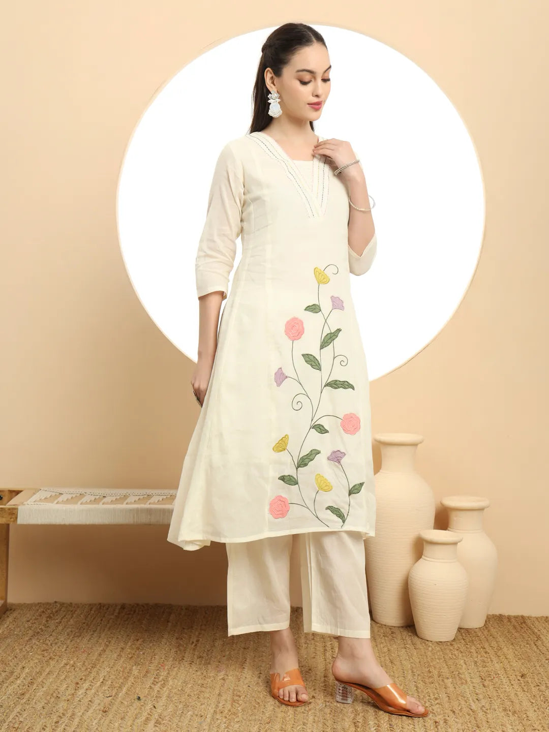 Cream Pure Cotton A-Line Thread_Work Kurta Dupatta Set-Yufta Store-6396SKDCRM