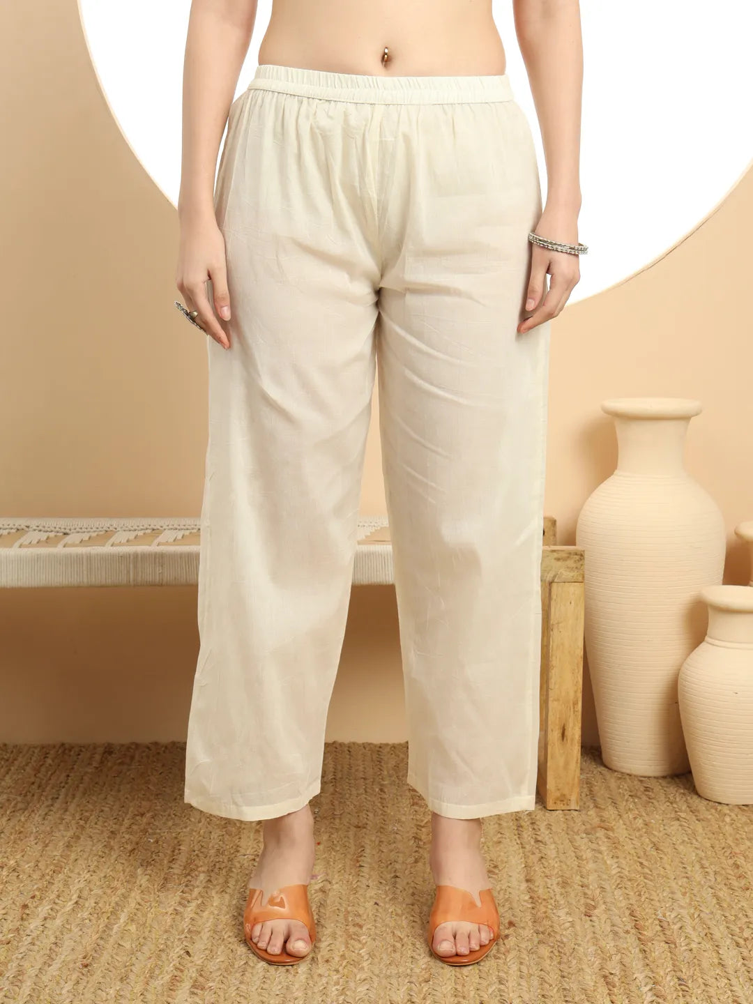 Cream Pure Cotton A-Line Thread_Work Kurta Dupatta Set-Yufta Store-6396SKDCRM