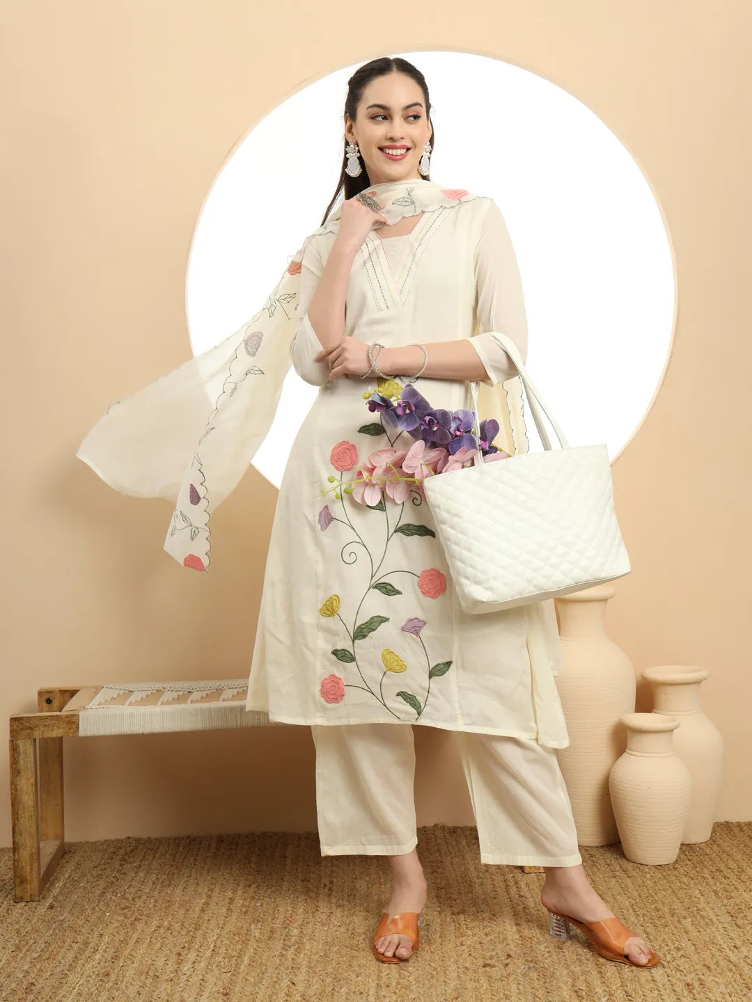 Cream Pure Cotton A-Line Thread_Work Kurta Dupatta Set-Yufta Store-6396SKDCRM