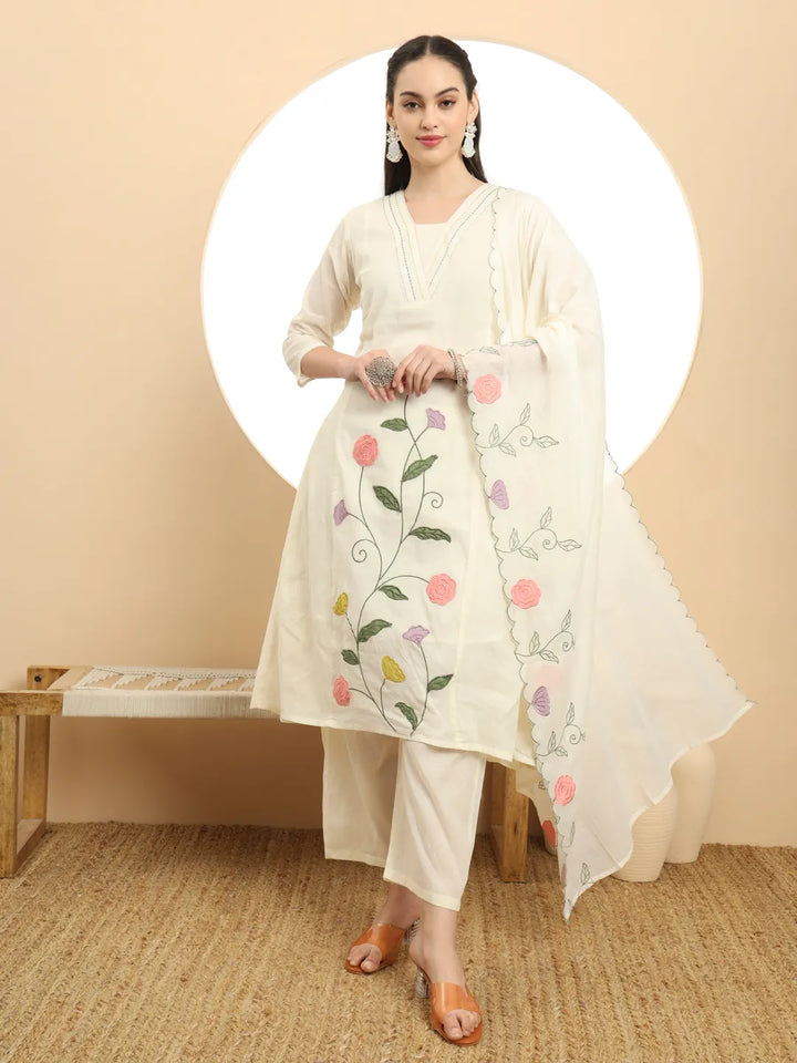 Cream Pure Cotton A-Line Thread_Work Kurta Dupatta Set-Yufta Store-6396SKDCRM