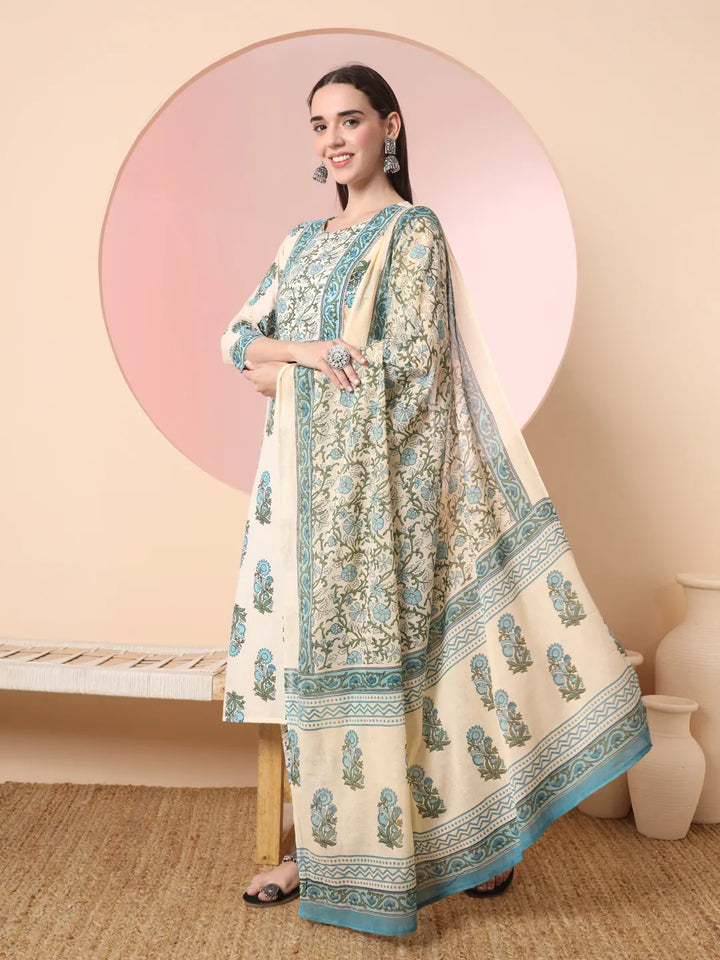Cream Pure Cotton Block Print,Sequins_Work Kurta Set With Pant & Dupatta-Yufta Store-6150SKDCRM