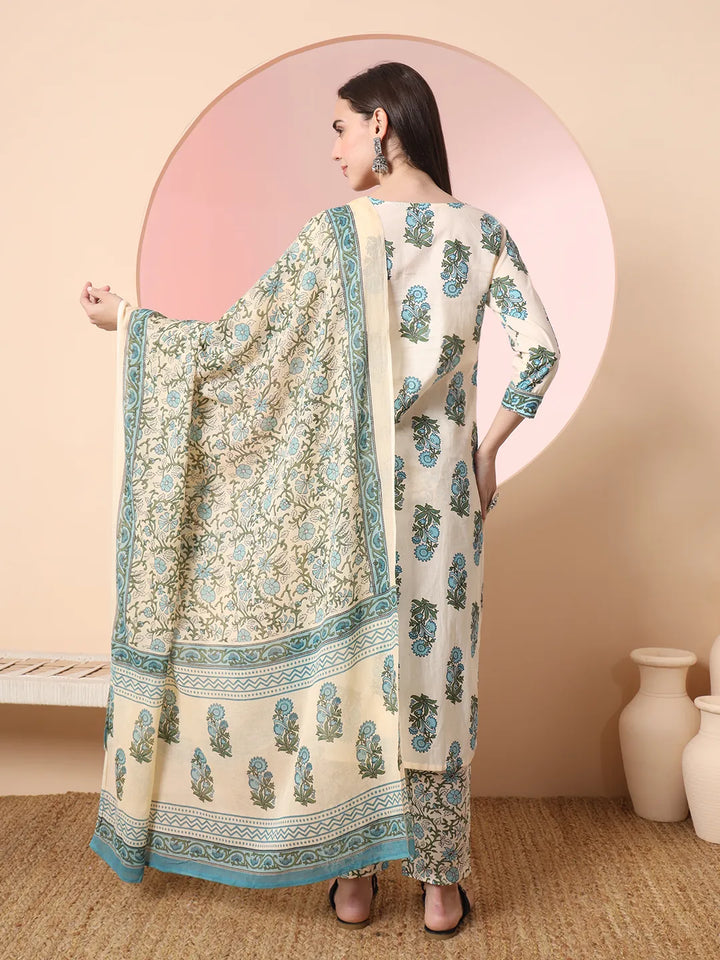 Cream Pure Cotton Block Print,Sequins_Work Kurta Set With Pant & Dupatta-Yufta Store-6150SKDCRM