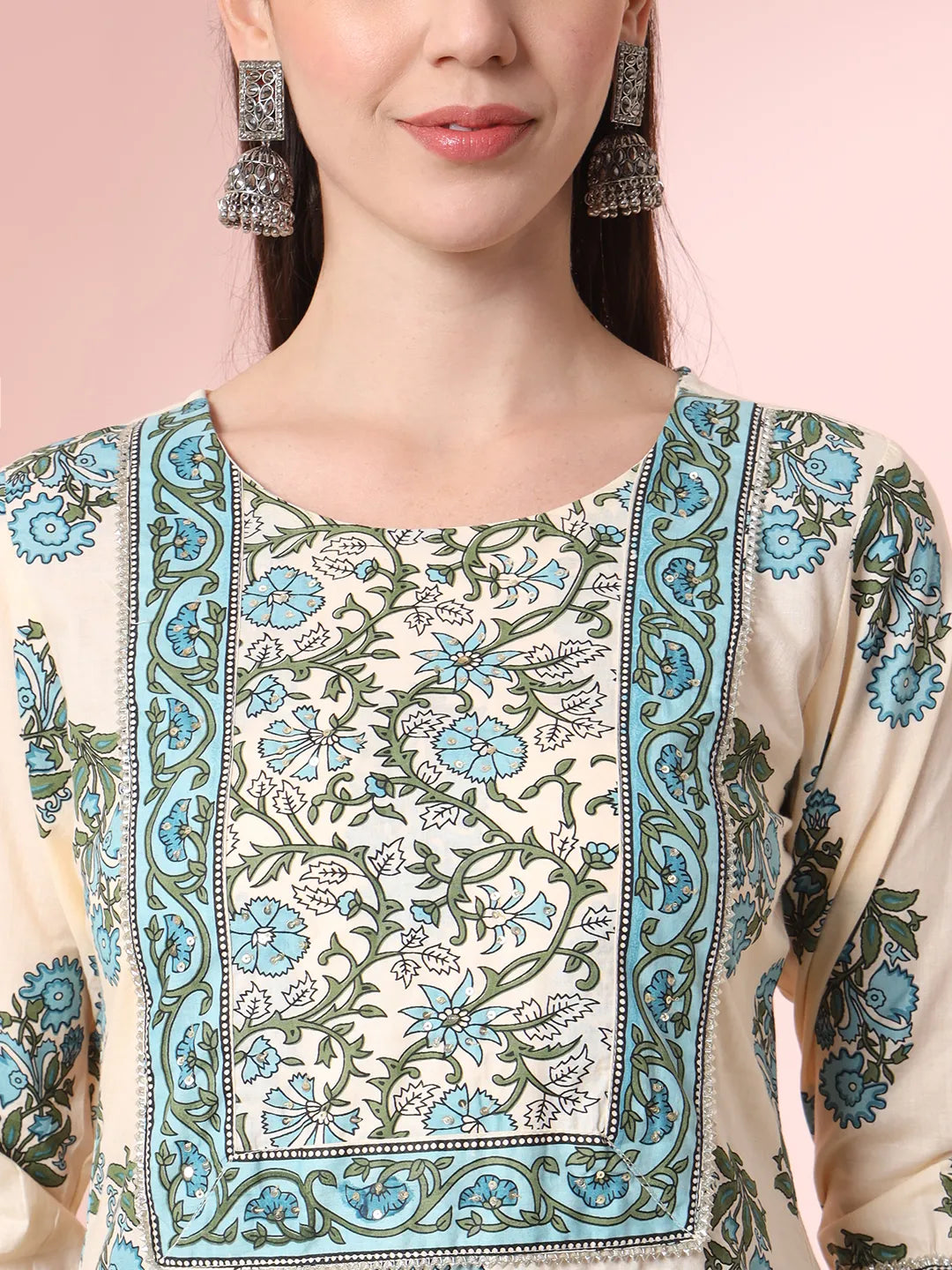 Cream Pure Cotton Block Print,Sequins_Work Kurta Set With Pant & Dupatta-Yufta Store-6150SKDCRM