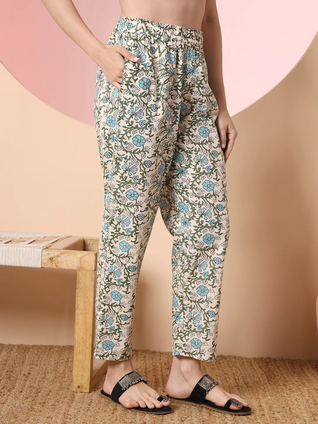 Cream Pure Cotton Block Print,Sequins_Work Kurta Set With Pant & Dupatta-Yufta Store-6150SKDCRM