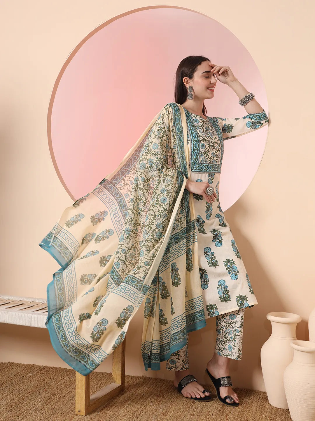 Cream Pure Cotton Block Print,Sequins_Work Kurta Set With Pant & Dupatta-Yufta Store-6150SKDCRM