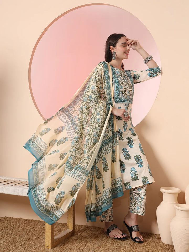 Cream Pure Cotton Block Print,Sequins_Work Kurta Set With Pant & Dupatta-Yufta Store-6150SKDCRM