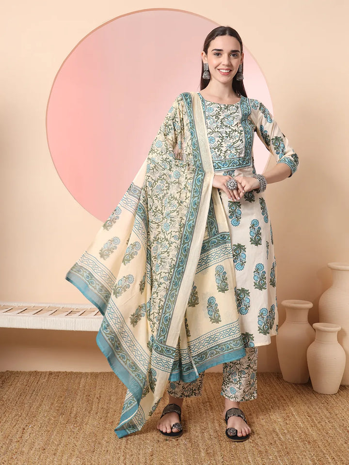 Cream Pure Cotton Block Print,Sequins_Work Kurta Set With Pant & Dupatta-Yufta Store-6150SKDCRM