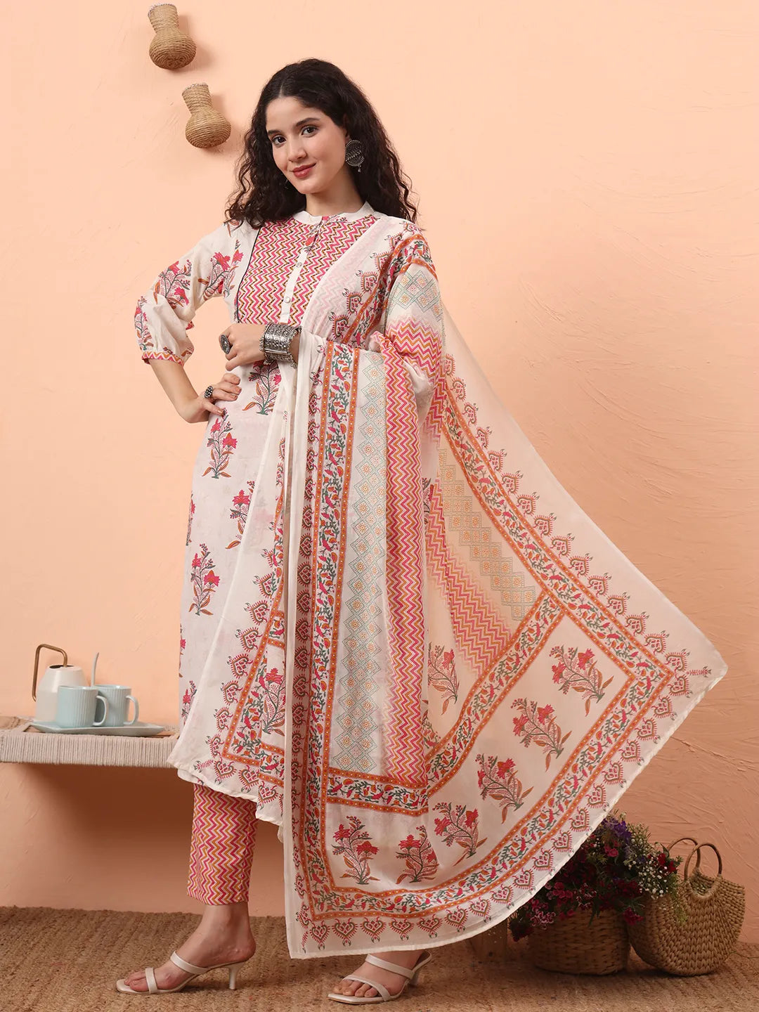 Cream Pure Cotton Kantha Work Kurta Dupatta Pant Set-Yufta Store-6487SKDCRM