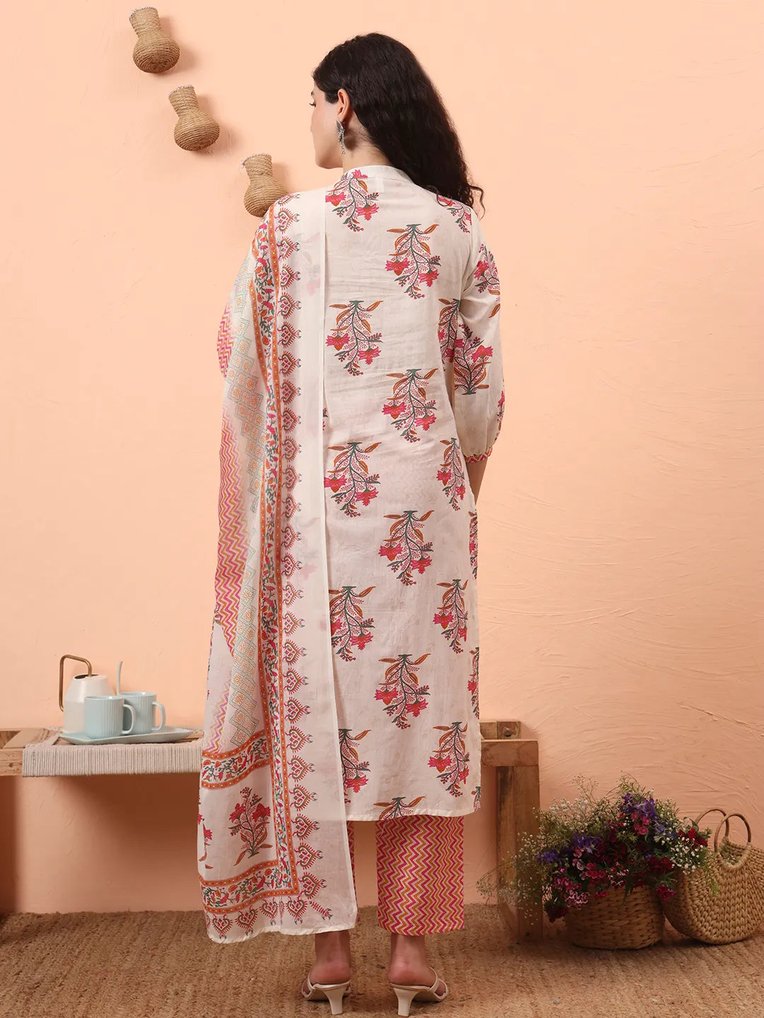 Cream Pure Cotton Kantha Work Kurta Dupatta Pant Set-Yufta Store-6487SKDCRM