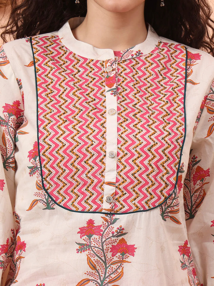 Cream Pure Cotton Kantha Work Kurta Dupatta Pant Set-Yufta Store-6487SKDCRM