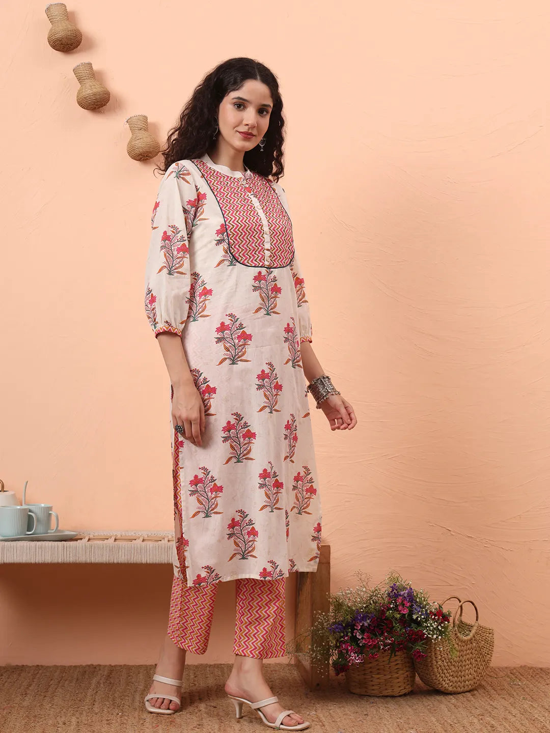 Cream Pure Cotton Kantha Work Kurta Dupatta Pant Set-Yufta Store-6487SKDCRM