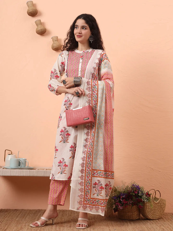 Cream Pure Cotton Kantha Work Kurta Dupatta Pant Set-Yufta Store-6487SKDCRM