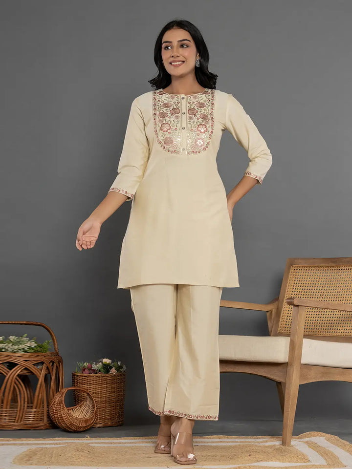 Cream Thread_Work Shirt And Trouser Silk Blend Co-Ord Set-Yufta Store-7297CRDCRS