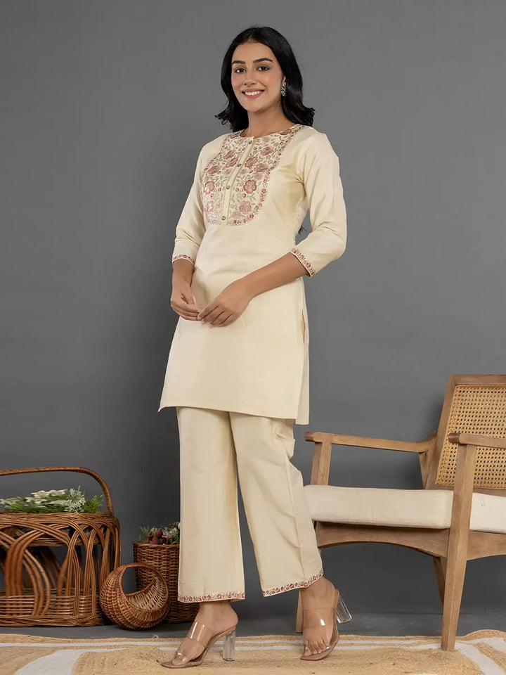 Cream Thread_Work Shirt And Trouser Silk Blend Co-Ord Set-Yufta Store-7297CRDCRS