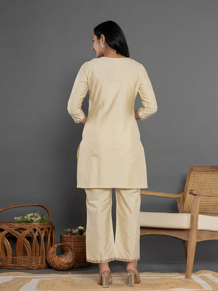 Cream Thread_Work Shirt And Trouser Silk Blend Co-Ord Set-Yufta Store-7297CRDCRS