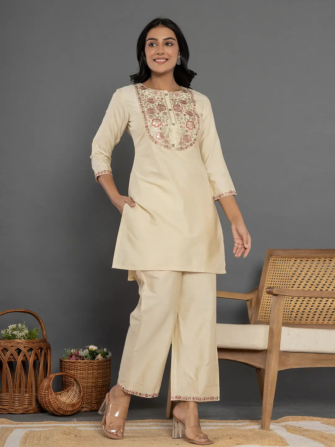 Cream Thread_Work Shirt And Trouser Silk Blend Co-Ord Set-Yufta Store-7297CRDCRS