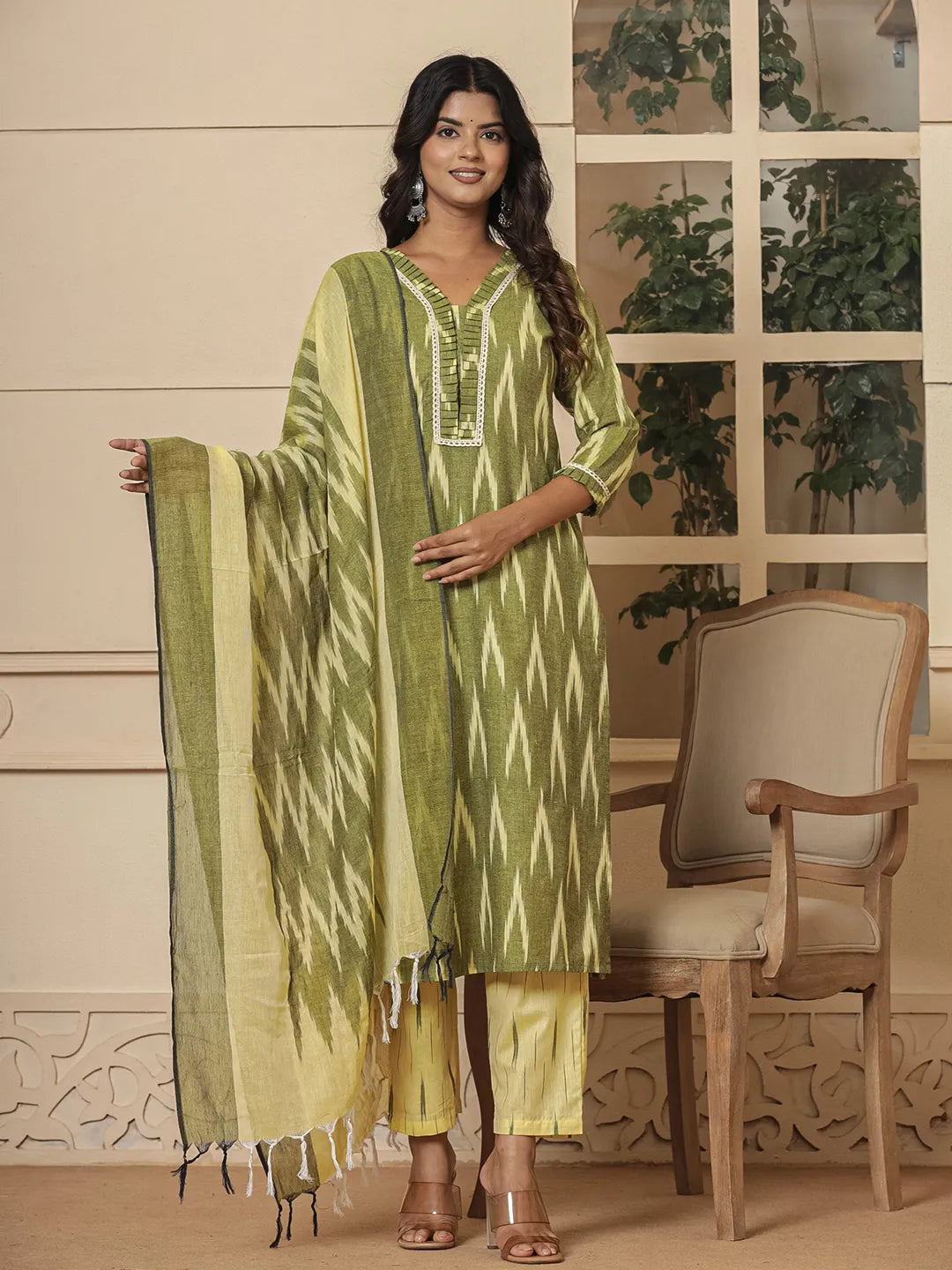 Dark Green Ikat Print Straight Strappy Kurta Trouser And Dupatta Set-Yufta Store-1893SKDDGS