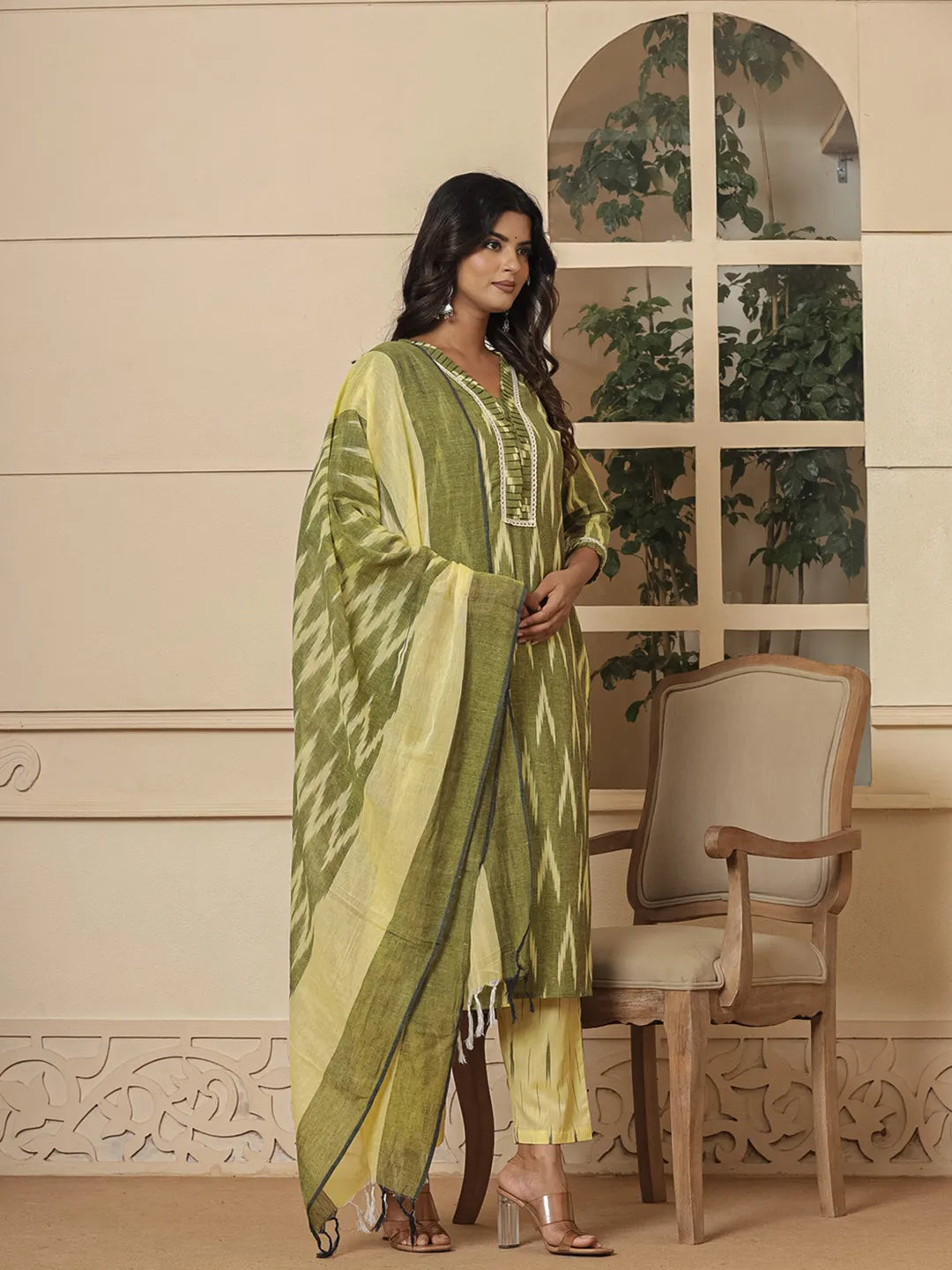 Dark Green Ikat Print Straight Strappy Kurta Trouser And Dupatta Set-Yufta Store-1893SKDDGS