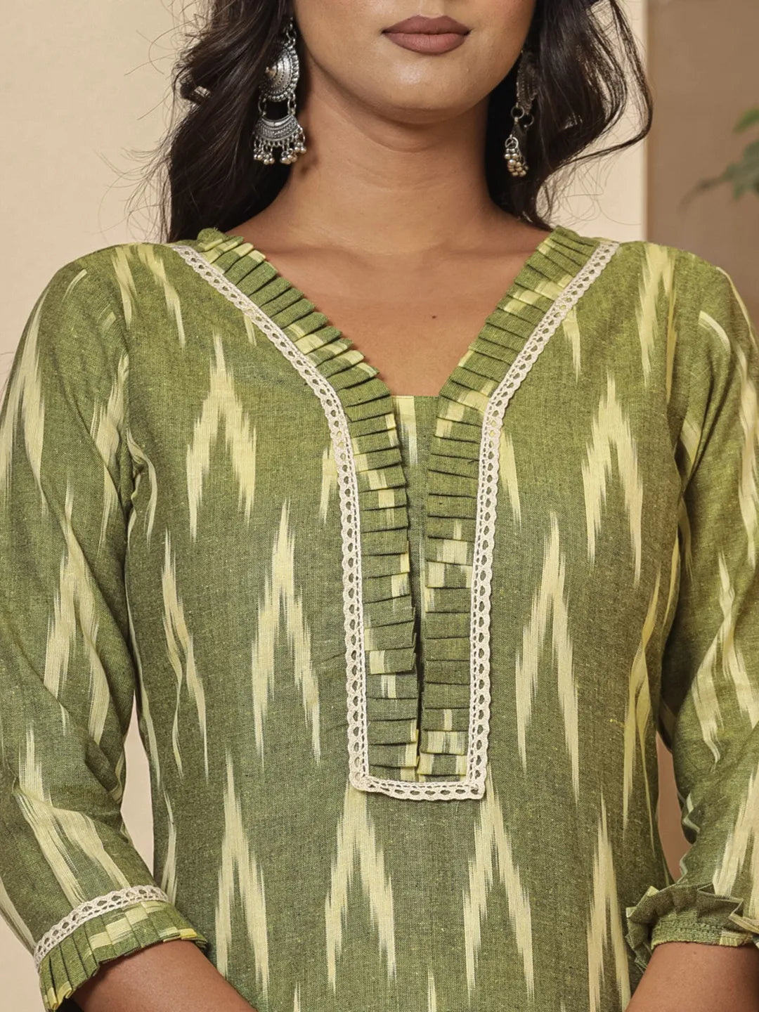 Dark Green Ikat Print Straight Strappy Kurta Trouser And Dupatta Set-Yufta Store-1893SKDDGS