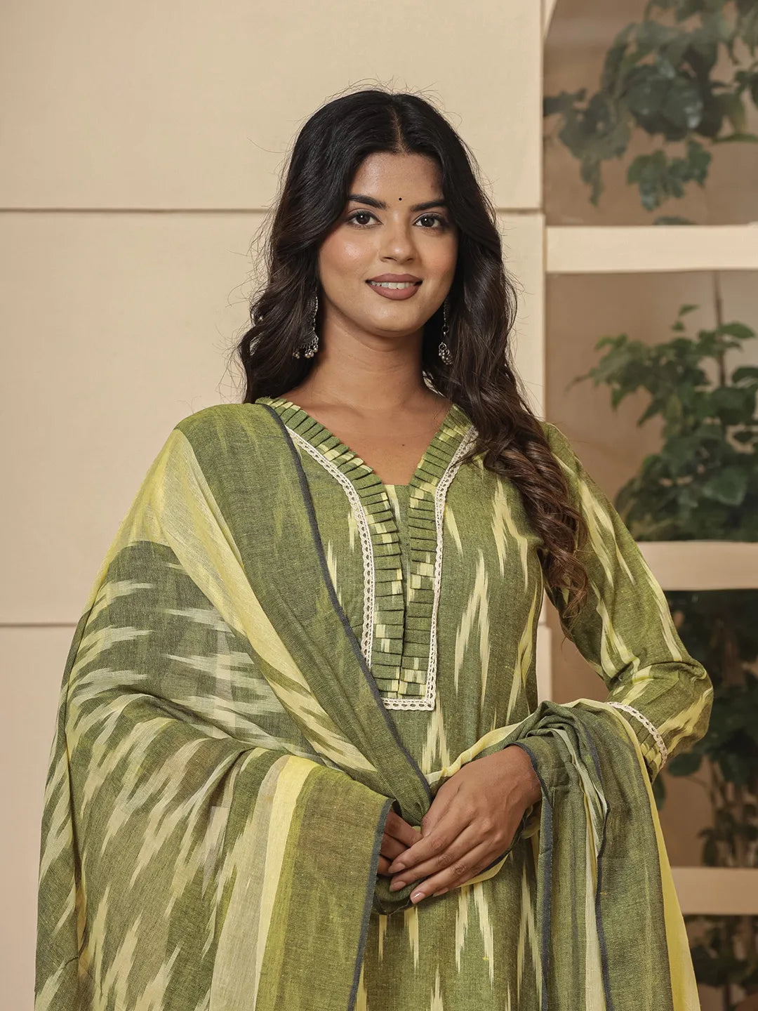 Dark Green Ikat Print Straight Strappy Kurta Trouser And Dupatta Set-Yufta Store-1893SKDDGS