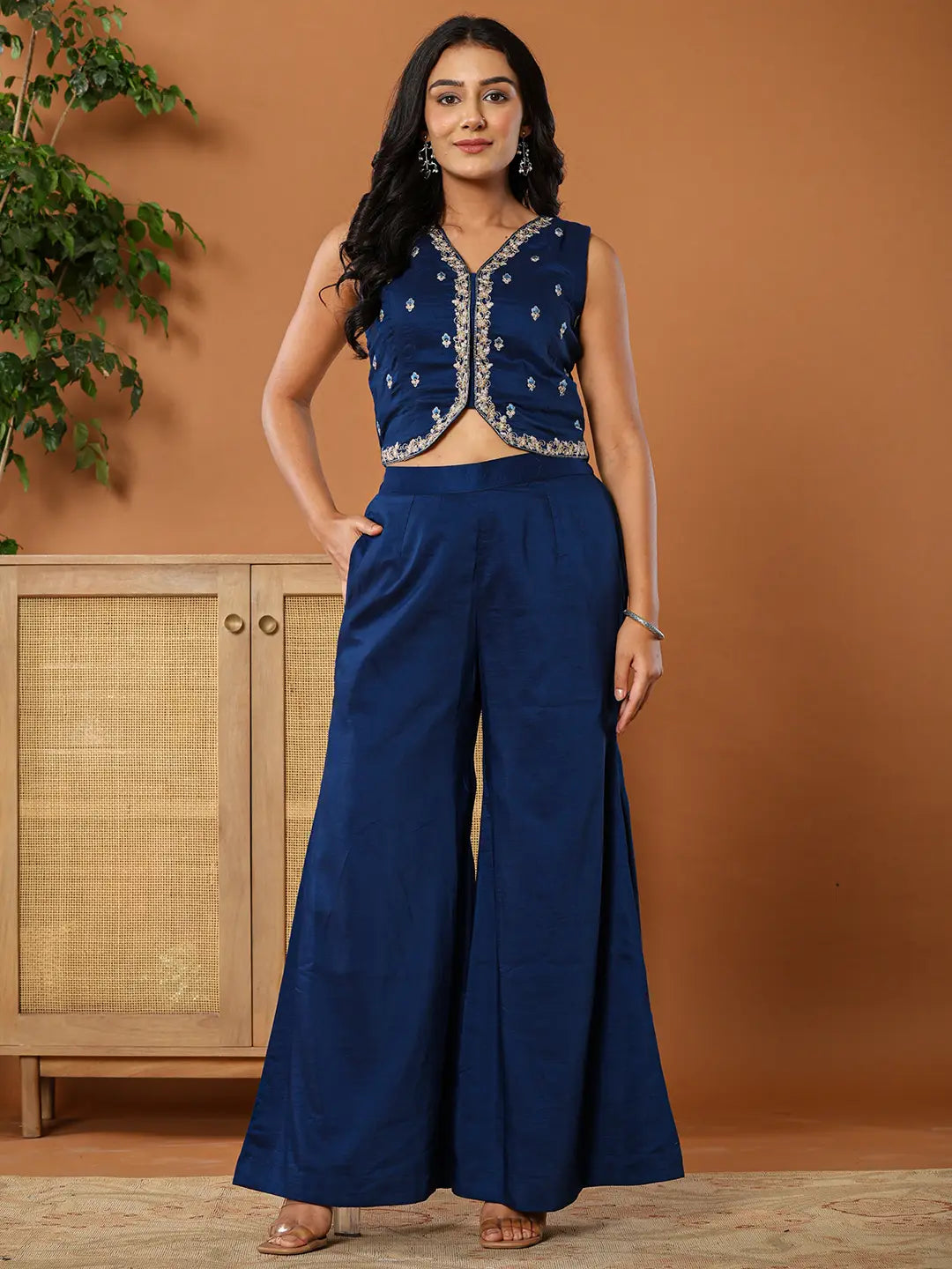 Embroidered Blue Waistcoat Co - Ord Set With Attached Lining-Yufta Store-7145CRDBLS