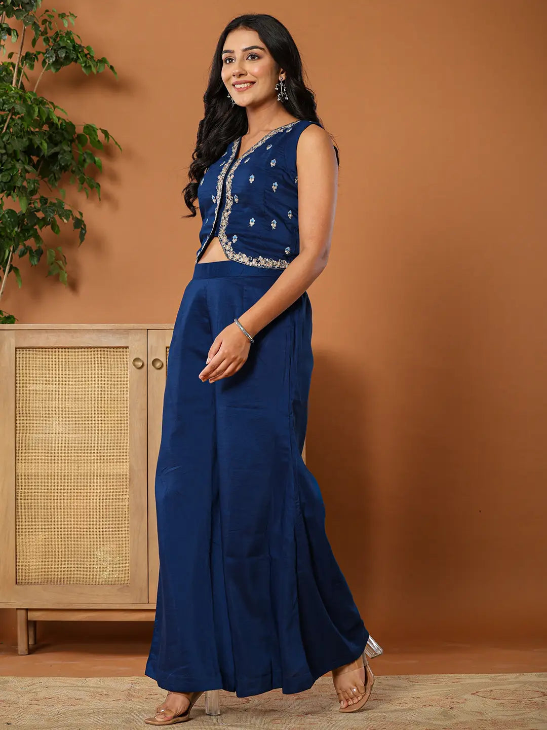 Embroidered Blue Waistcoat Co - Ord Set With Attached Lining-Yufta Store-7145CRDBLS