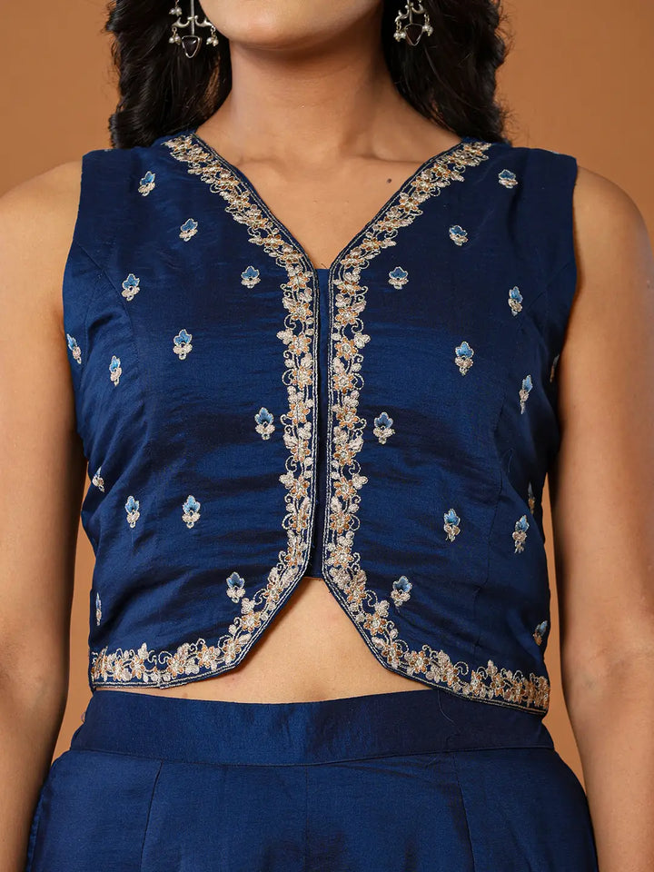 Embroidered Blue Waistcoat Co - Ord Set With Attached Lining-Yufta Store-7145CRDBLS