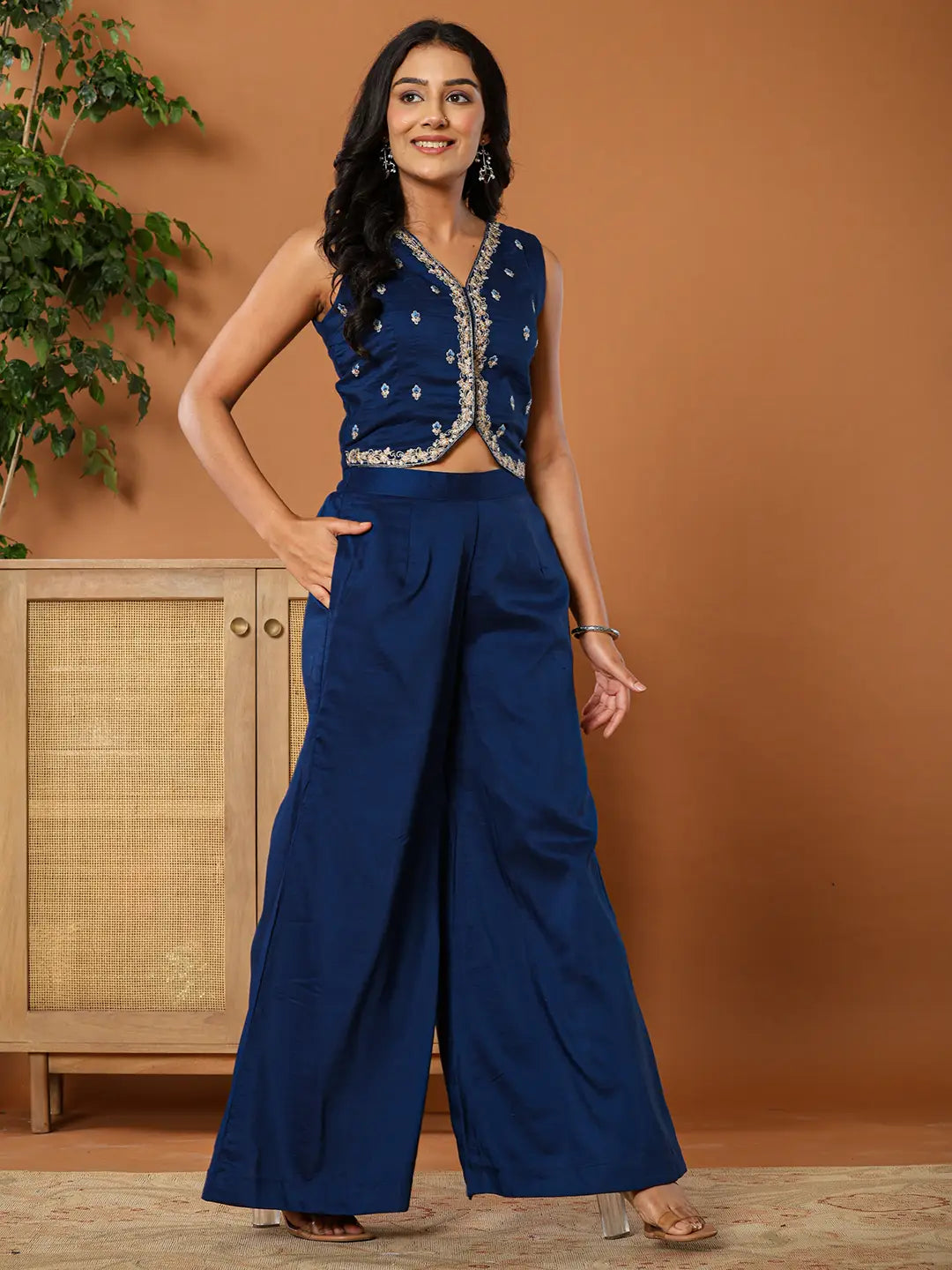 Embroidered Blue Waistcoat Co - Ord Set With Attached Lining-Yufta Store-7145CRDBLS