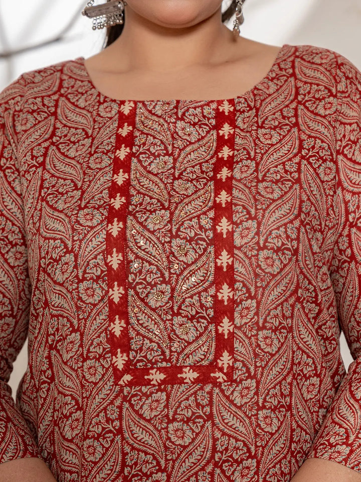 Embroidered Printed Maroon Cotton Plus Size Kurta Set With Dupatta Set