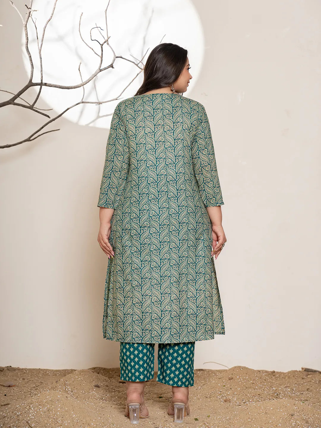 Embroidered Printed Teal Green Cotton Plus Size Kurta Set With Dupatta Set