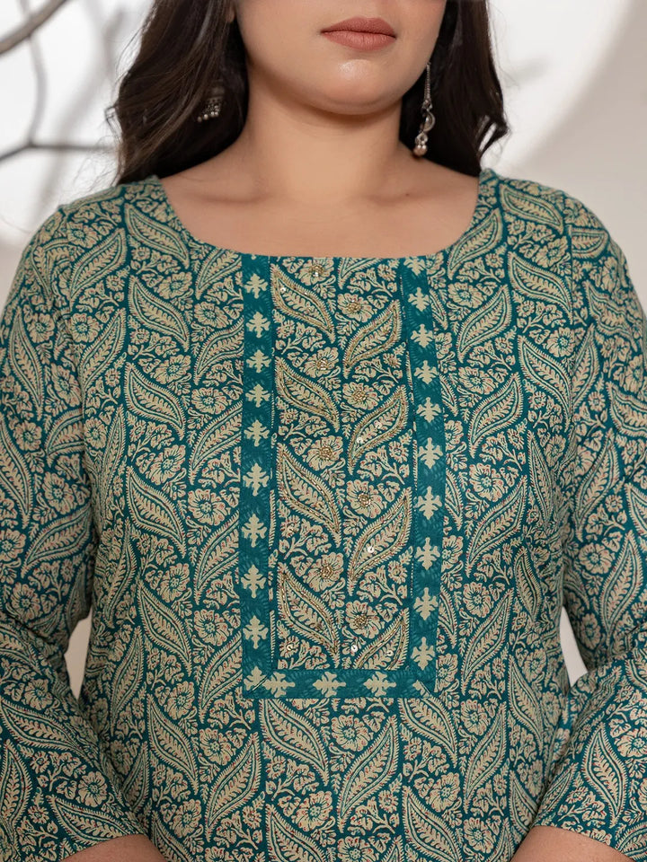 Embroidered Printed Teal Green Cotton Plus Size Kurta Set With Dupatta Set