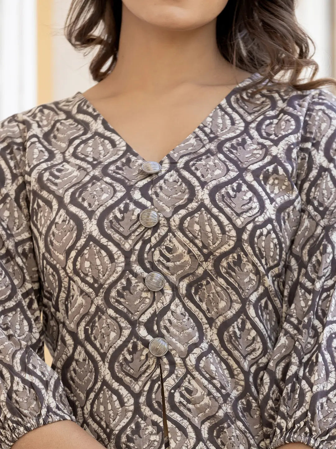 Ethnic Motifs Print Grey Cotton A-Line Co-Ord Set-Yufta Store-6883CRDGYS