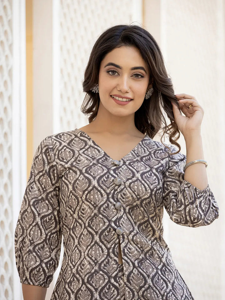 Ethnic Motifs Print Grey Cotton A-Line Co-Ord Set-Yufta Store-6883CRDGYS