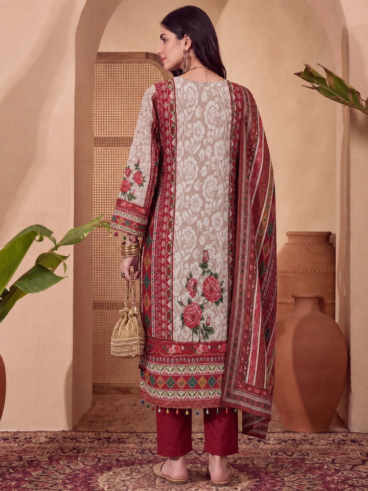 Poly Muslim Red Kurta Dupatta Pant Set