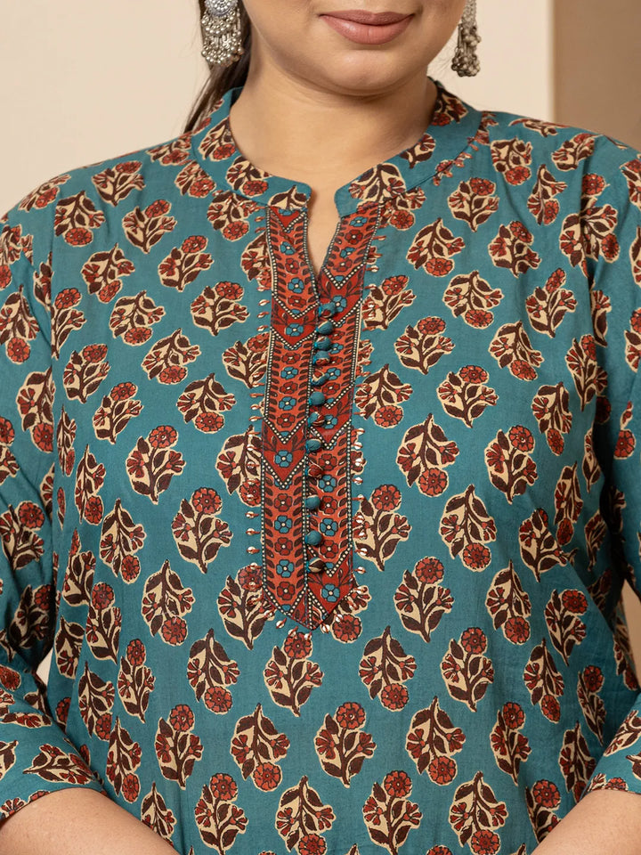 Floral Print Teal Blue Cotton Plus Size Kurta Set With Dupatta Set-Yufta Store-6945PSKDTB3XL