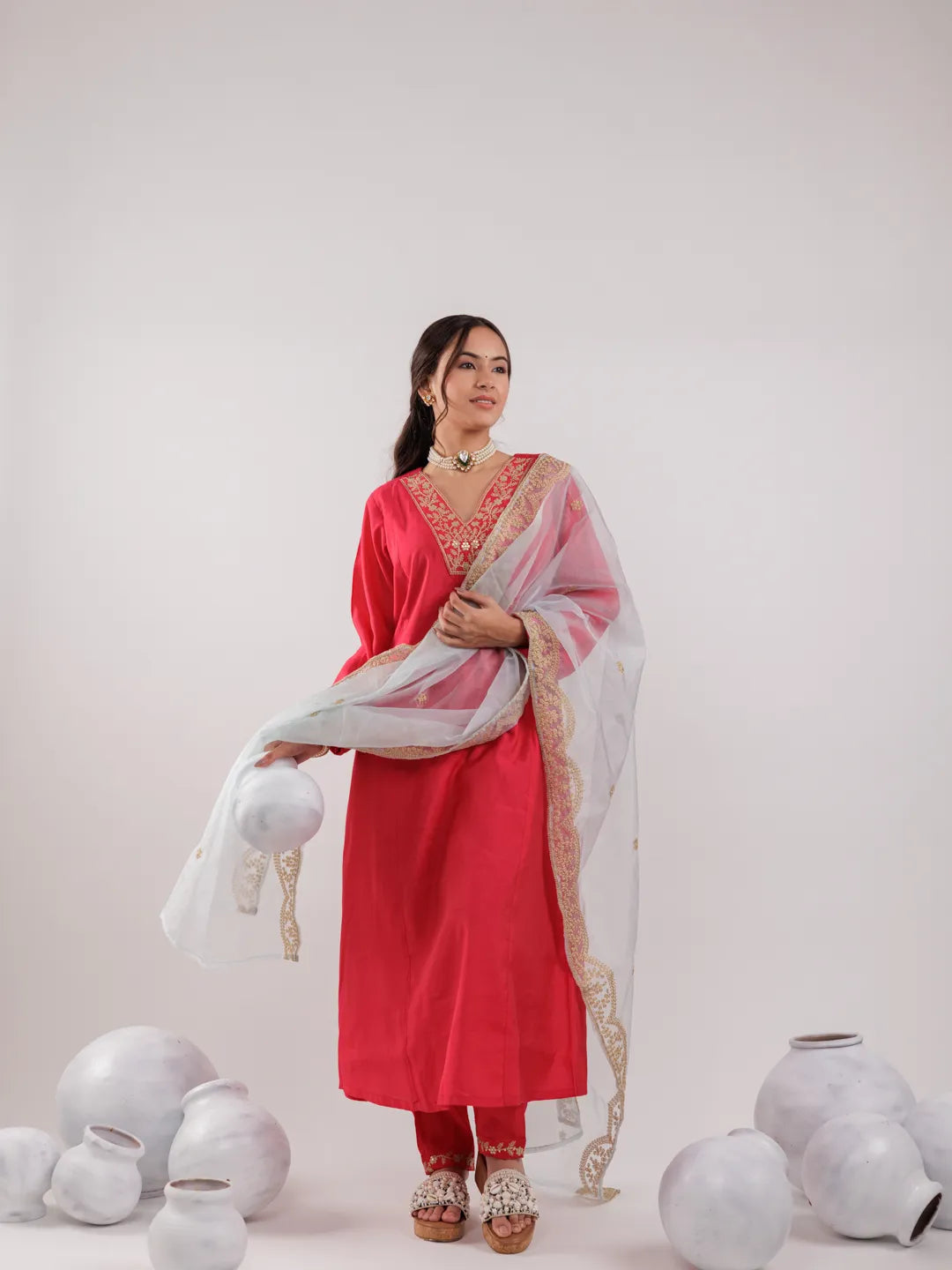 Fuchsia Silk Embroidered Kurta Dupatta Set-Yufta Store-7175SKDFCS