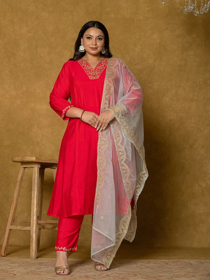 Fuchsia Silk Embroidered Plus Size Kurta Dupatta Set-Yufta Store-7175PSKDFC3XL