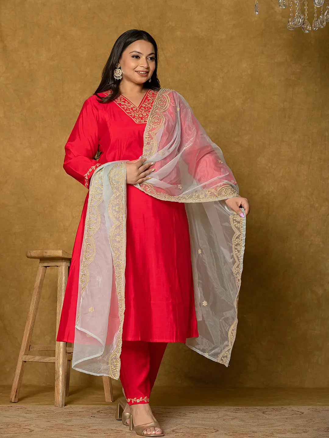 Fuchsia Silk Embroidered Plus Size Kurta Dupatta Set-Yufta Store-7175PSKDFC3XL