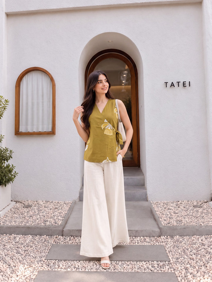 Mustard Cotton Angrakha Style Sleeveless Top