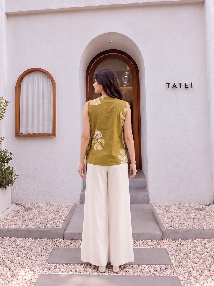 Mustard Cotton Angrakha Style Sleeveless Top