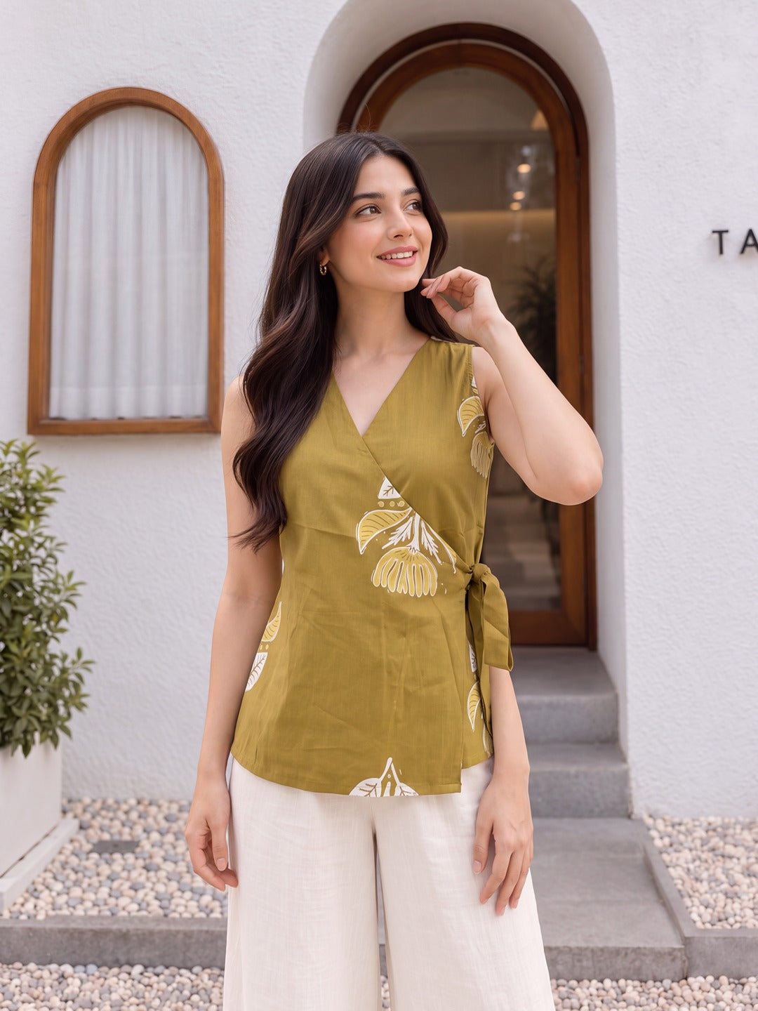Mustard Cotton Angrakha Style Sleeveless Top