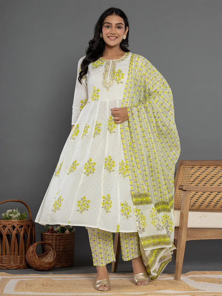 Green & White Gota_Patti Cotton Anarkali Kurta Dupatta Pant Set-Yufta Store-7163SKDGRS