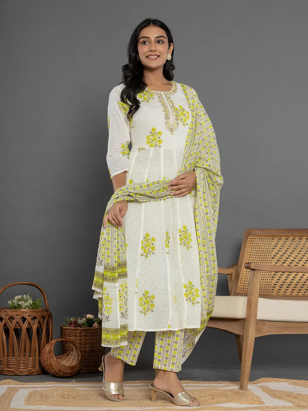 Green & White Gota_Patti Cotton Anarkali Kurta Dupatta Pant Set-Yufta Store-7163SKDGRS