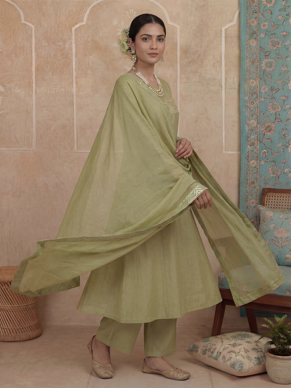 Green A-Line Thared Work Design Lining Kurta Trouser Dupatta Set-Yufta Store-7486SKDGRM