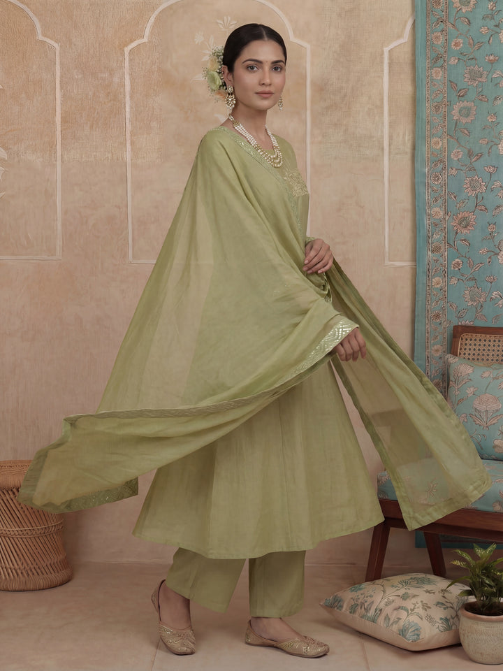 Green A-Line Thared Work Design Lining Kurta Trouser Dupatta Set-Yufta Store-7486SKDGRM