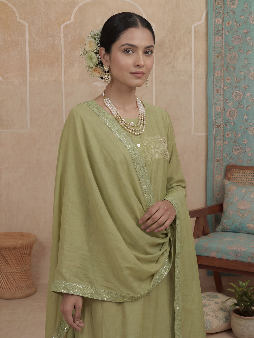 Green A-Line Thared Work Design Lining Kurta Trouser Dupatta Set-Yufta Store-7486SKDGRM