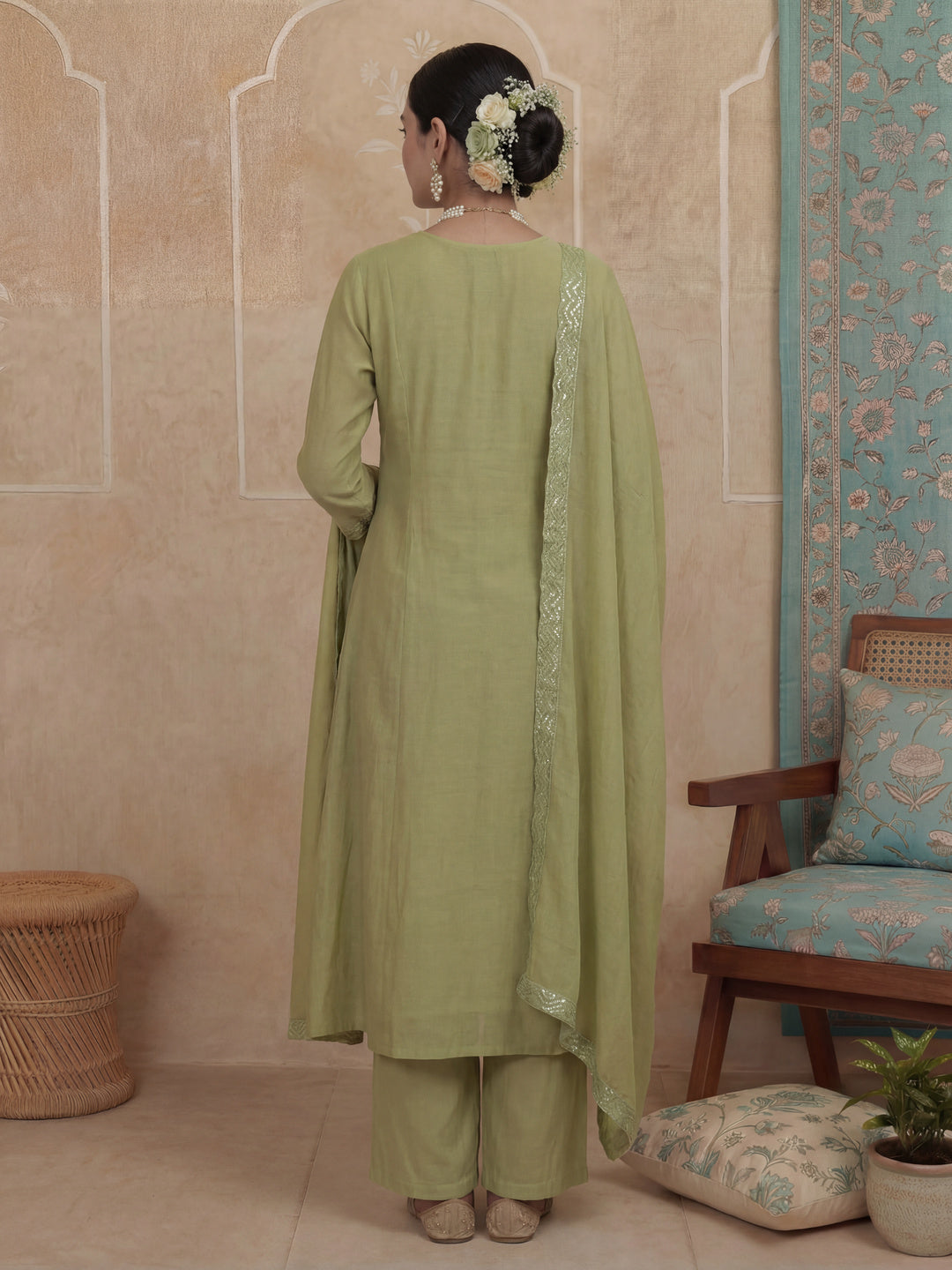 Green A-Line Thared Work Design Lining Kurta Trouser Dupatta Set-Yufta Store-7486SKDGRM